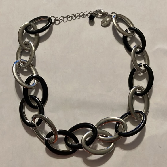 White House Black Market Necklace & Bracelet Silver & Black Enamel Chunky Link - Picture 2 of 4